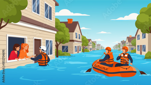 Flood rescue operation, rescuers in boat helping people evacuate flooded neighborhood
