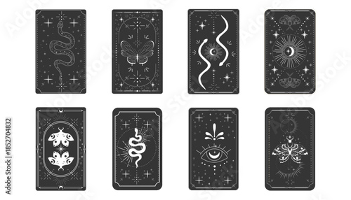 Tarot card frame spiritual esoteric reverse border magic sacred cover card. Mystic elements moon, sun, magic moth, snake fantasy sign.