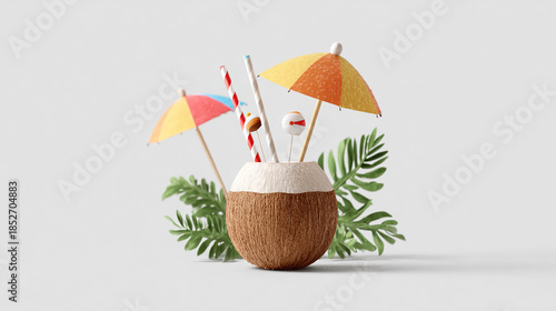Cute Style 3D Coconut Drink with Rainbow Umbrella