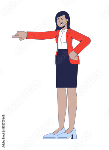 Mad arab businesswoman pointing with stern expression 2D cartoon character. Female leader authority. Commanding boss woman scolding flat vector person isolated on white. Spot illustration colorful
