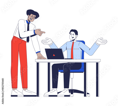 Office disagreement between colleagues 2D cartoon characters. Toxic manager intern. Two male colleagues arguing at desk with laptop flat vector people isolated on white. Spot illustration colorful