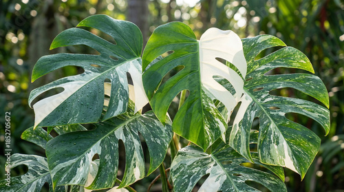 Stunning variegated Monstera Albo Deliciosa leaves with unique white and green patterns, fenestrations, and water drops, glowing in natural sunlight