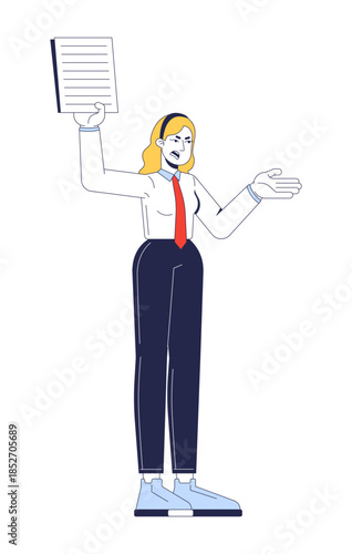 Frustrated blonde female manager holding up document angrily 2D cartoon character. Project complaint. Employee dissatisfaction flat vector person isolated on white. Spot illustration colorful