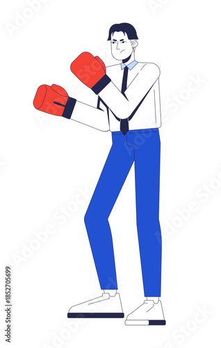 Angry asian office worker in boxing gloves 2D cartoon character. Business rival. Korean male employee posing in defensive fighting stance flat vector person isolated on white. Spot illustration