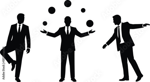 Businessman silhouettes juggling tasks and balancing risks illustration, corporate leadership multitasking concept black vector isolated white background design studio icons