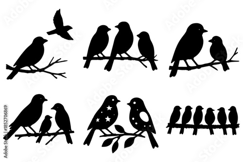 Birds on Tree Branches Silhouette,
Minimal Black Wildlife Nature Vector Art