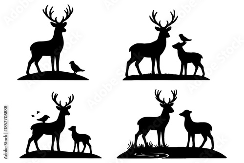 set of deer silhouettes,
Deer Family Silhouette with Birds,  Black & White Wildlife Nature Vector Illustration