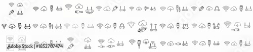 Repeating line art icons for internet connectivity, including Wi-Fi signals, cloud computing, network routers, and RJ45 Ethernet cables on white background.