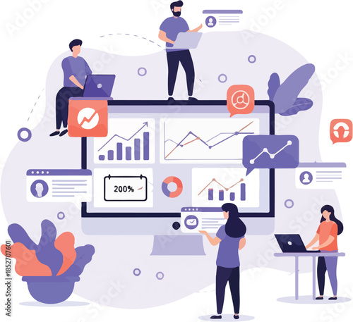 A group of people engaged in digital marketing activities, surrounded by graphs and charts on a large computer screen with various digital devices. Perfect for marketing materials,