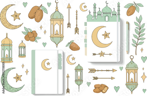 Collection of Islamicthemed illustrations featuring lanterns moons stars dates and mosque silhouettes