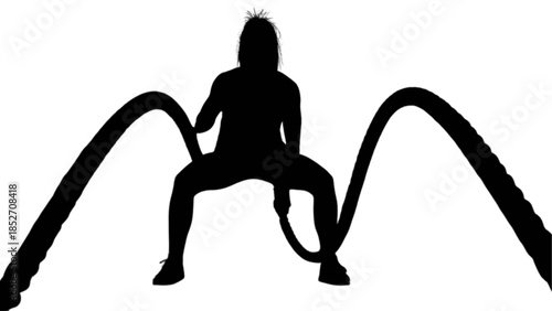 Athletic woman exercising with battle ropes in a fitness studio.