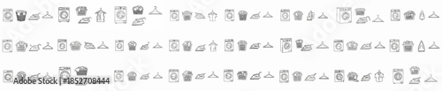 Seamless Pattern of Laundry Icons: Washing Machine, Clothes Basket, Iron, and Hanger. Household Cleaning Outline Vector Background.