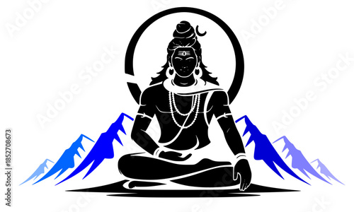 Mahadev in Meditation Silhouette, Adiyogi Shiva on Himalayan Peaks, Shiva in Padmasana with Blue Mountains, Divine Shiva Yoga Pose Illustration, Black and White Shiva with Circular Halo, Spiritual Mah