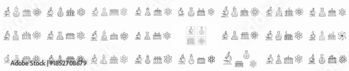 Seamless pattern background or border of black line icons depicting chemistry and science elements like microscopes, flasks, test tubes, and atoms.