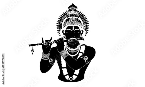 Lord Krishna Playing Flute Silhouette, Krishna with Peacock Feather and Bansuri, Hindu God Krishna Flute Player Icon, Black and White Krishna Portrait, Divine Krishna Bansuri Vector Art, Flute Krishna