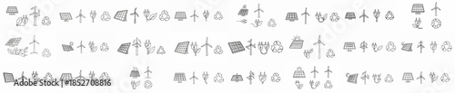Seamless Pattern of Ecology and Renewable Energy Icons. Outline Background with Solar Panels, Wind Turbines, Recycling Symbols, and Green Power Plugs.