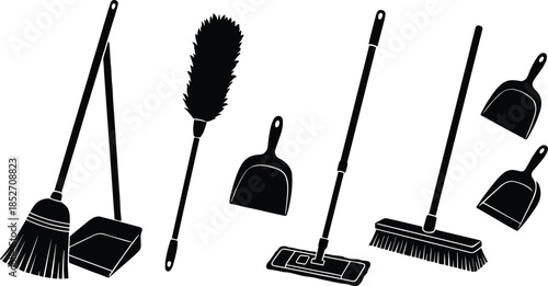 Cleaning tools silhouettes collection illustration with broom mop dustpan brush household hygiene equipment black vector icons isolated background design set