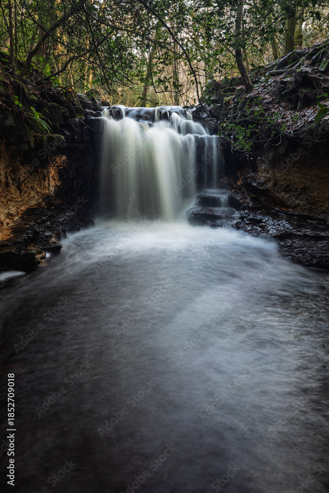 Fototapeta premium Fast flowing waterfall after December rainfall in Ashdown forest on the high weald east Sussex south east England UK