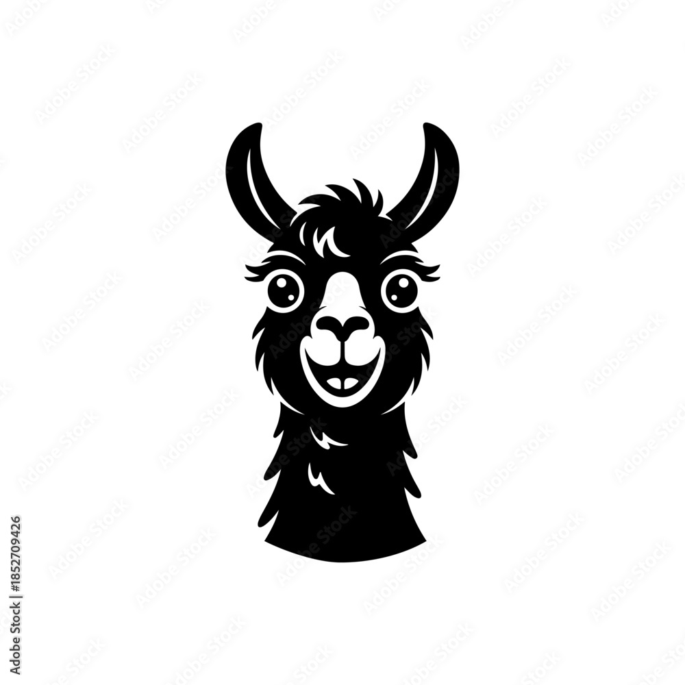 Naklejka premium A cute, black and white vector logo of a smiling alpaca or llama head with big eyes and fluffy fur, ideal for a cheerful brand or children's design.