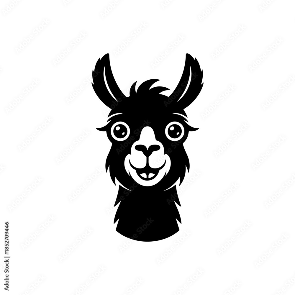 Fototapeta premium A cute, black and white vector logo of a smiling alpaca or llama head with big eyes and fluffy fur, ideal for a cheerful brand or children's design.