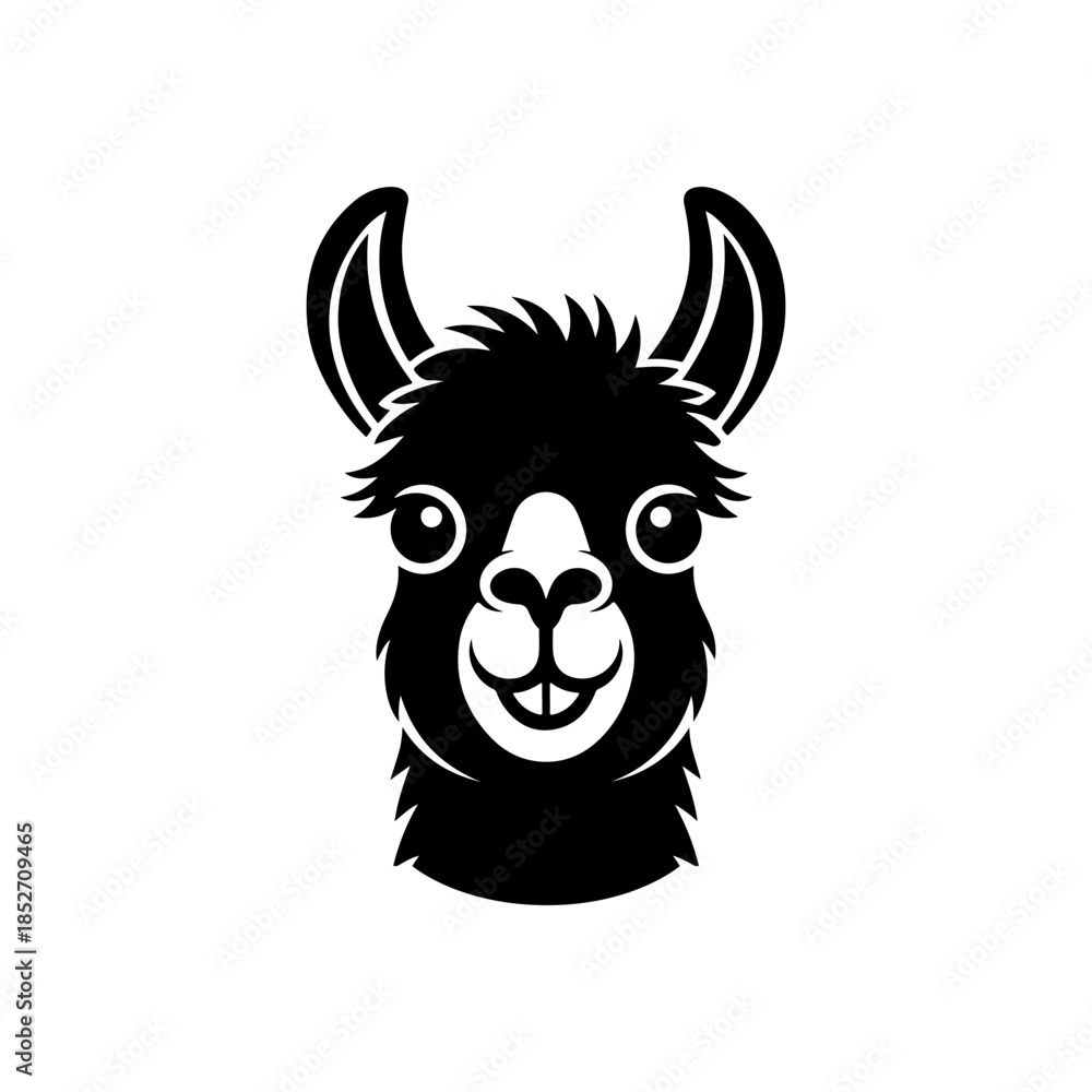 Obraz premium A cute, black and white vector logo of a smiling alpaca or llama head with big eyes and fluffy fur, ideal for a cheerful brand or children's design.
