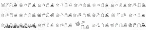 Seamless pattern of shopping and retail line icons, including baskets, cash registers, barcode scanners, and paper bags on a clean white background.
