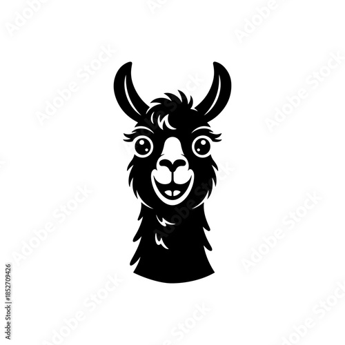 A cute, black and white vector logo of a smiling alpaca or llama head with big eyes and fluffy fur, ideal for a cheerful brand or children's design.