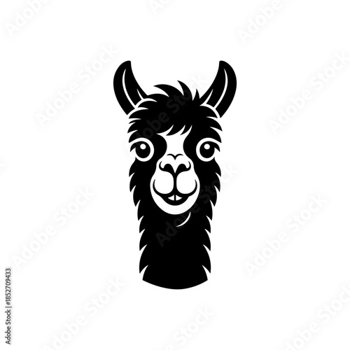 A cute, black and white vector logo of a smiling alpaca or llama head with big eyes and fluffy fur, ideal for a cheerful brand or children's design.
