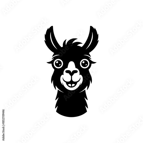 A cute, black and white vector logo of a smiling alpaca or llama head with big eyes and fluffy fur, ideal for a cheerful brand or children's design.