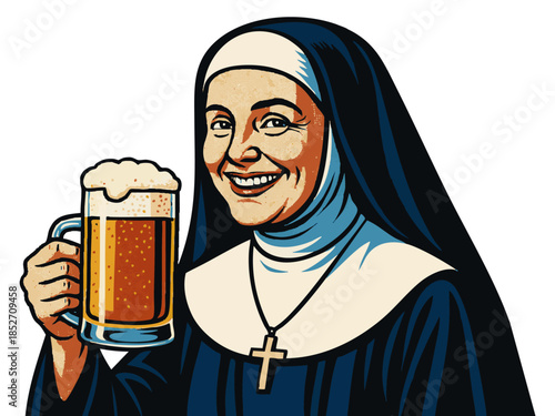 smiling nun in traditional habit cheerfully holding a frothy beer mug, blending irony with celebration. Generative ai vector colorful pop art illustration.