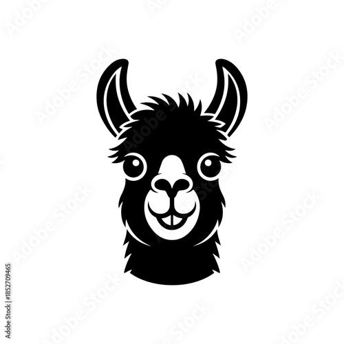 A cute, black and white vector logo of a smiling alpaca or llama head with big eyes and fluffy fur, ideal for a cheerful brand or children's design.