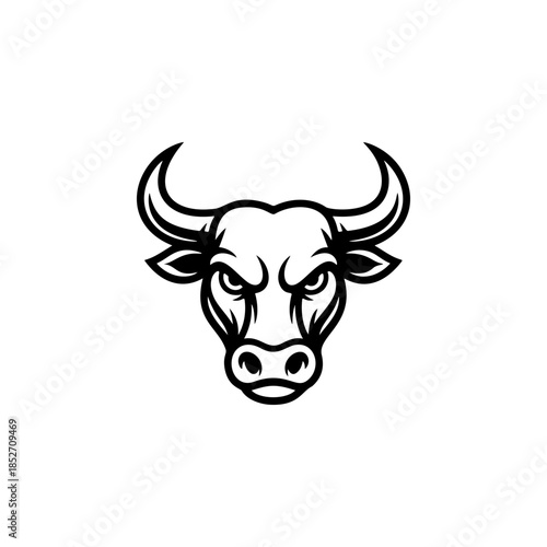 A fierce black and white vector logo of a bull or buffalo head with large horns, symbolizing strength, aggression, power, and a dominant force.