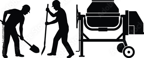 Construction worker silhouettes illustration with laborers digging mixing concrete machine tools industry work black vector isolated background design icon set
