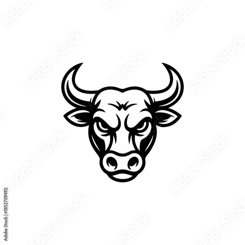 A fierce black and white vector logo of a bull or buffalo head with large horns, symbolizing strength, aggression, power, and a dominant force.