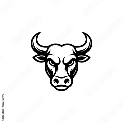 A fierce black and white vector logo of a bull or buffalo head with large horns, symbolizing strength, aggression, power, and a dominant force.