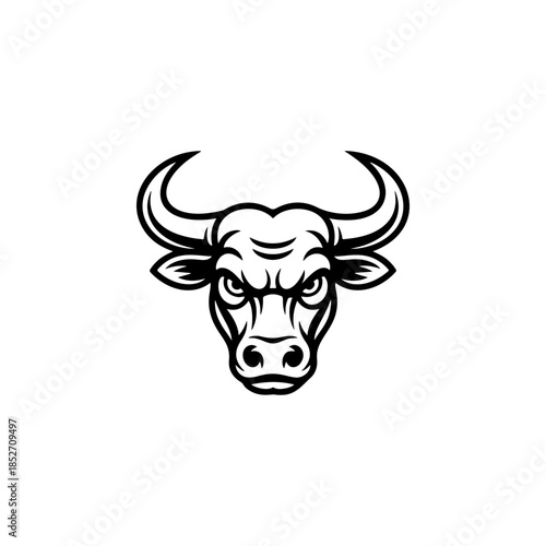 A fierce black and white vector logo of a bull or buffalo head with large horns, symbolizing strength, aggression, power, and a dominant force.