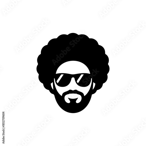 A cool black and white vector logo of a man's head with a large afro haircut, beard, and aviator sunglasses, symbolizing retro style, music, and coolness.
