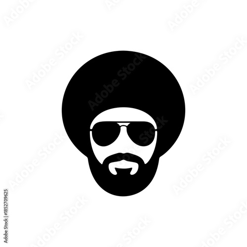 A cool black and white vector logo of a man's head with a large afro haircut, beard, and aviator sunglasses, symbolizing retro style, music, and coolness.