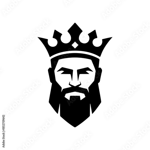 A profile black and white vector logo of a strong, bearded king wearing a royal crown, symbolizing monarchy, authority, power, and high status.