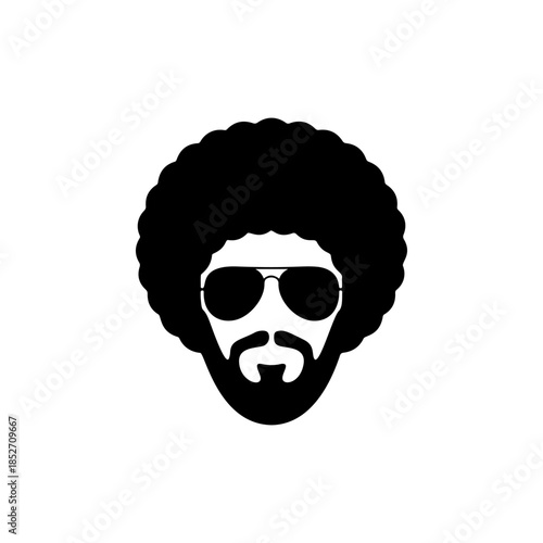 A cool black and white vector logo of a man's head with a large afro haircut, beard, and aviator sunglasses, symbolizing retro style, music, and coolness.