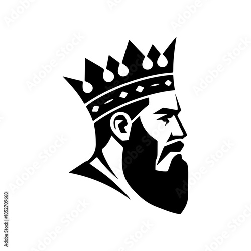 A profile black and white vector logo of a strong, bearded king wearing a royal crown, symbolizing monarchy, authority, power, and high status.