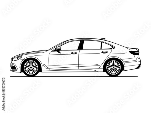 Clean, minimalist vector logo of a modern sedan car, black line art on white, thick strokes, three-quarter angle, sleek curves, detailed wheels with star pattern, professional graphic style.