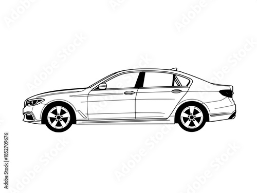 Clean, minimalist vector logo of a modern sedan car, black line art on white, thick strokes, three-quarter angle, sleek curves, detailed wheels with star pattern, professional graphic style.