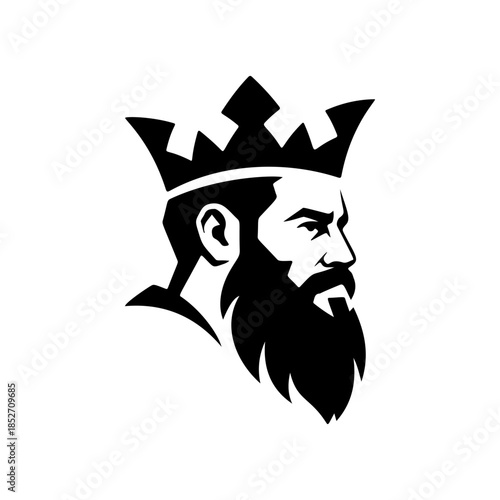 A profile black and white vector logo of a strong, bearded king wearing a royal crown, symbolizing monarchy, authority, power, and high status.