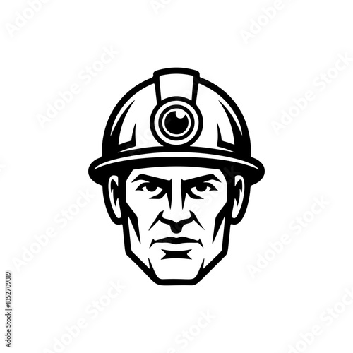 A strong black and white vector logo of a focused miner or construction worker wearing a hard hat with a headlamp, symbolizing hard work and industry.