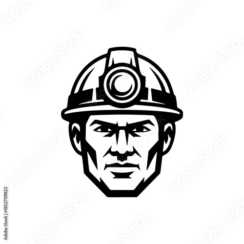 A strong black and white vector logo of a focused miner or construction worker wearing a hard hat with a headlamp, symbolizing hard work and industry.