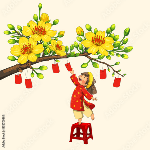 Vietnamese Child and Apricot Blossom Flower Tet Holiday Vector Illustration
