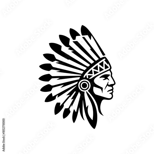 A profile black and white vector logo of a Native American man wearing a traditional feathered war bonnet (headdress), symbolizing pride, heritage, and history.