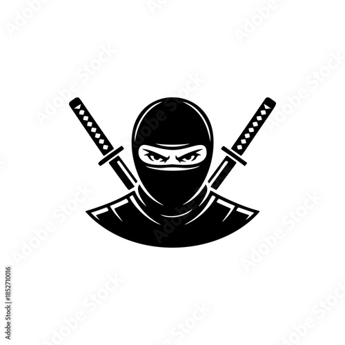 A stealthy black and white vector logo of a ninja warrior with crossed katanas, symbolizing secrecy, martial arts, strength, and discipline.