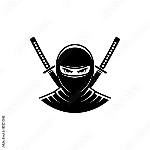 A stealthy black and white vector logo of a ninja warrior with crossed katanas, symbolizing secrecy, martial arts, strength, and discipline.